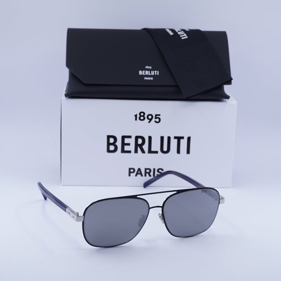 Berluti BL40004U 01C Square Sunglasses - Silver/Blue/Silver Mirror - Picture 1 of 9